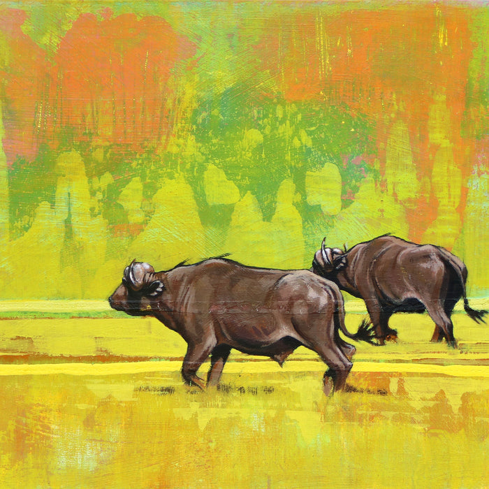 Painting of buffalo moving away in a bold abstract backrgound